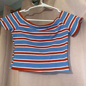 Blue and orange, cropped, shoulder-less shirt